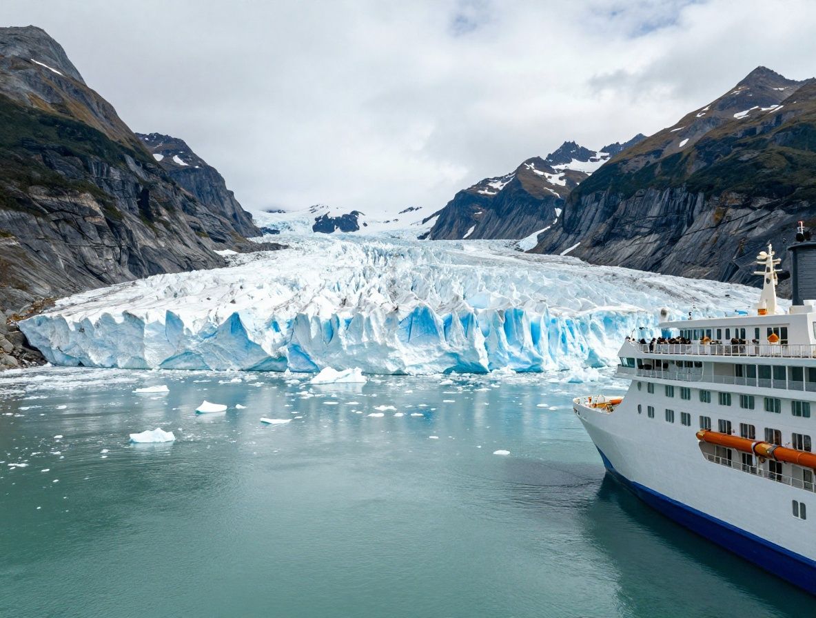 Massive blue Mendenhall glacier in Alaska with cruise ship sailing in the foreground, surrounded by snow-capped mountain peaks and calm fjord waters under overcast sky