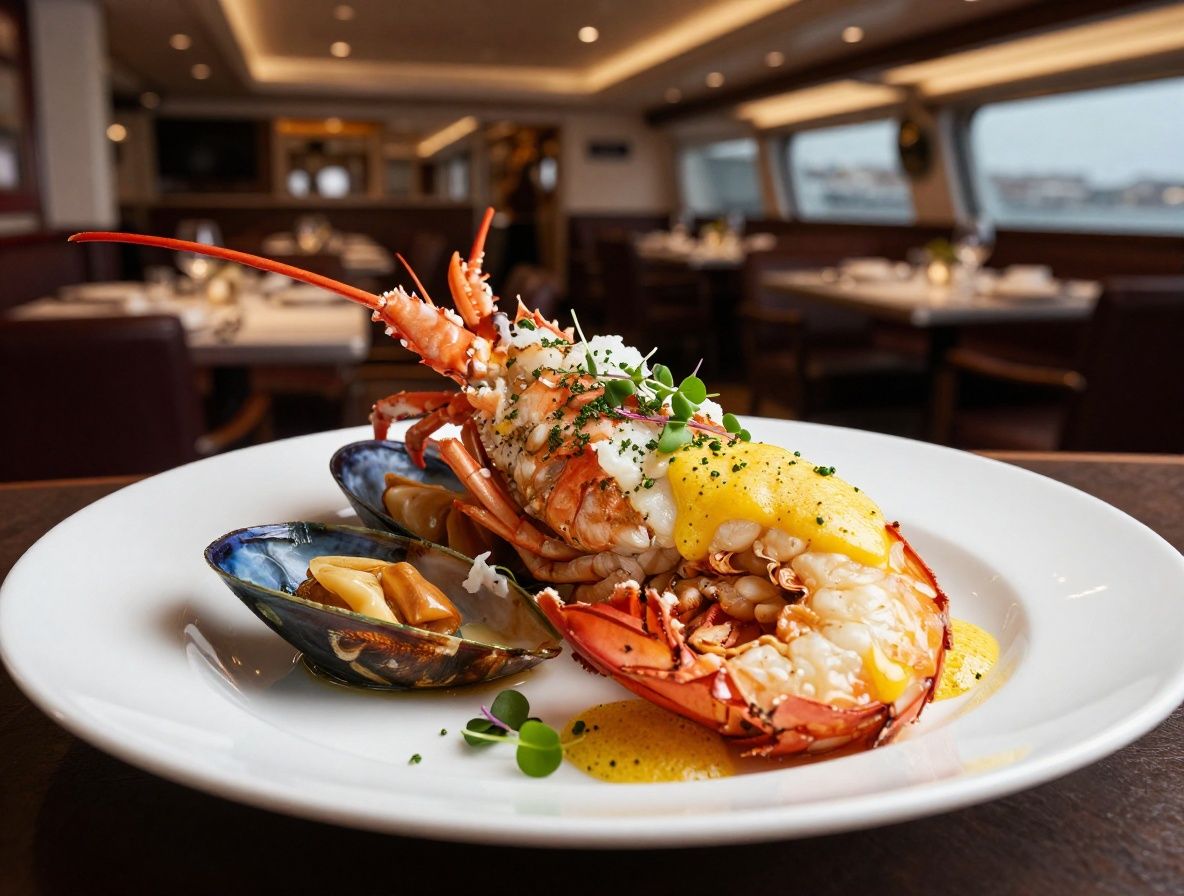 Beautifully plated gourmet seafood dish with fresh lobster, herbs, microgreens and lemon butter sauce in elegant upscale cruise ship restaurant