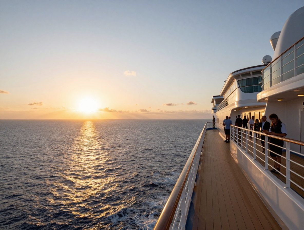 Breathtaking panoramic golden sunset view from luxury cruise ship deck with silhouettes of passengers standing at the railing overlooking vast open ocean