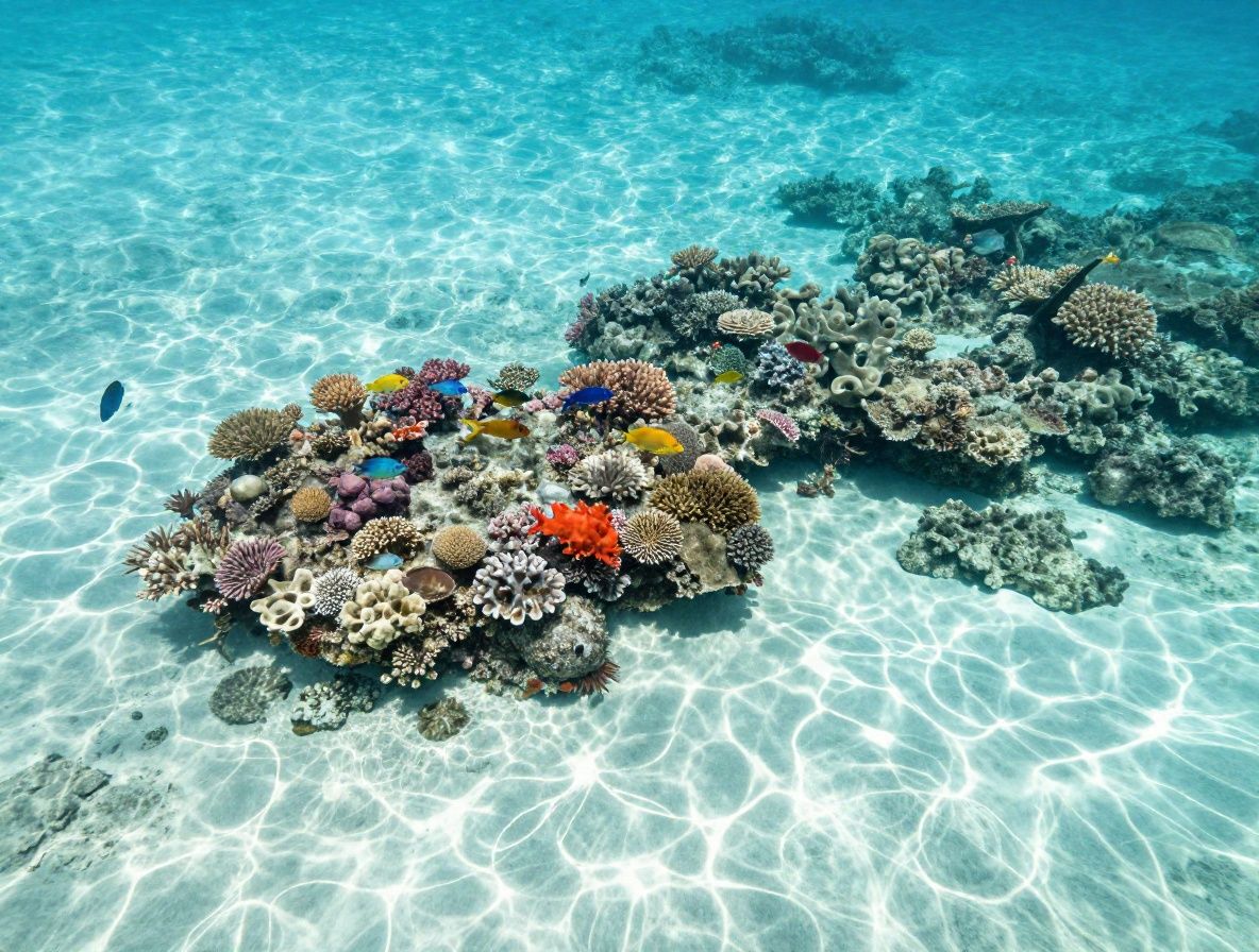 Bahamas crystal clear shallow turquoise water with visible white sand bottom, colorful coral reef formations and tropical fish swimming