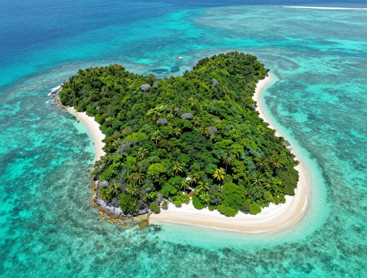 Aerial bird-eye view of lush green Caribbean island with dense tropical forest surrounded by crystal clear turquoise water and white sandy beaches visible from above