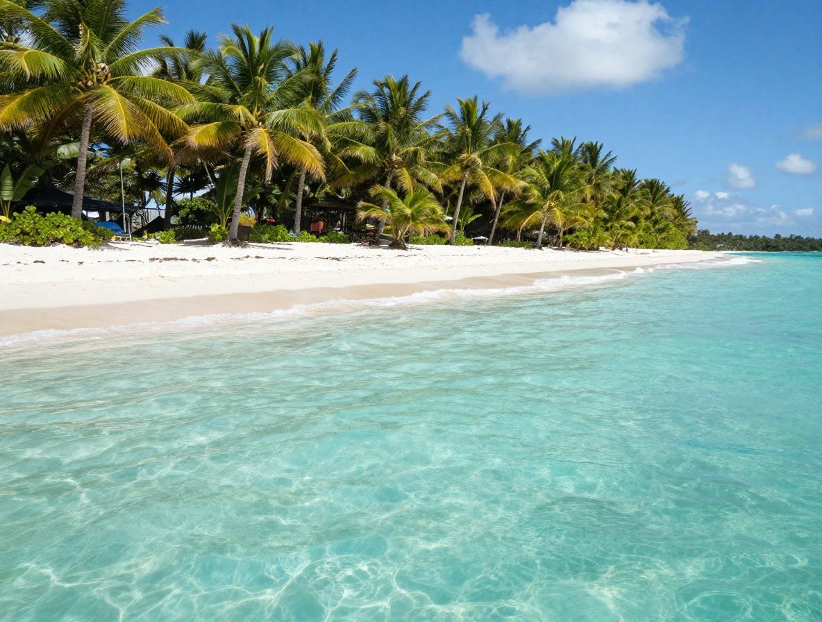 Pristine Caribbean beach with crystal turquoise water, white sand, swaying coconut palm trees, and colorful tropical fish visible through shallow water