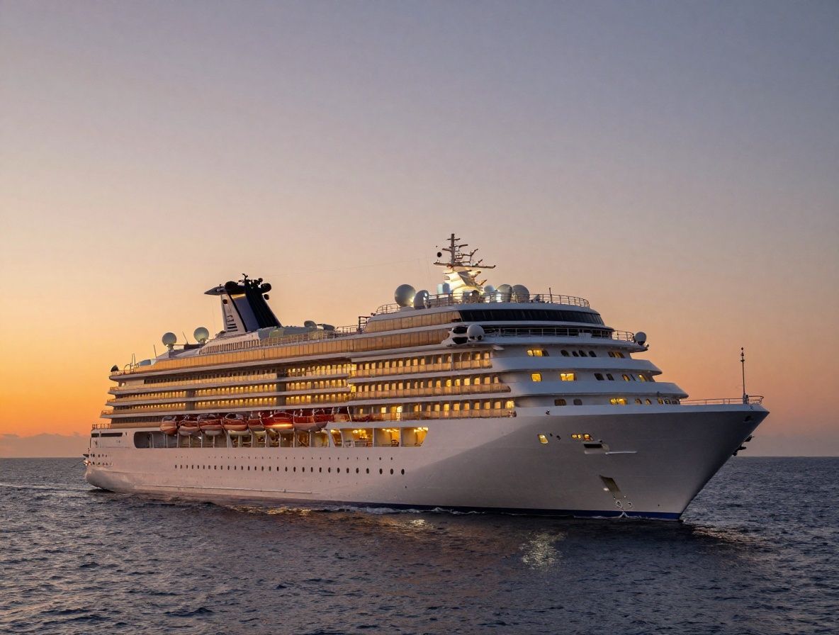 Aerial view of a massive white cruise ship upper decks with swimming pools, sundecks, lifeboats lined along the hull, photographed from above against deep blue ocean water