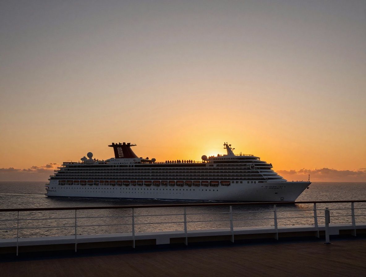 Passengers relaxing on spacious wooden promenade deck of large cruise ship at golden ocean sunset, deck chairs arranged in rows with warm light