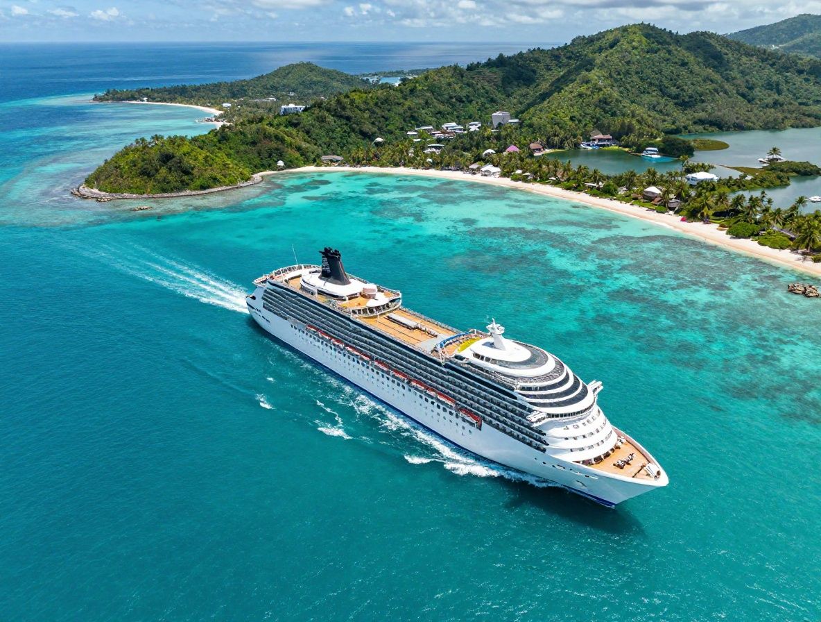 Breathtaking aerial view of turquoise ocean waters with a large white cruise ship sailing between colorful tropical islands with sandy beaches and lush green vegetation