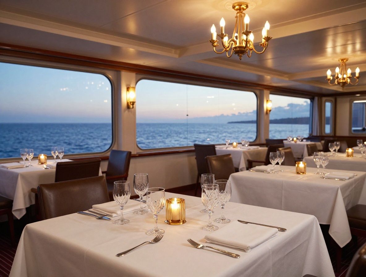 Elegant cruise ship main dining room with white tablecloths, crystal glasses, warm candlelight chandeliers and panoramic ocean view windows at dusk