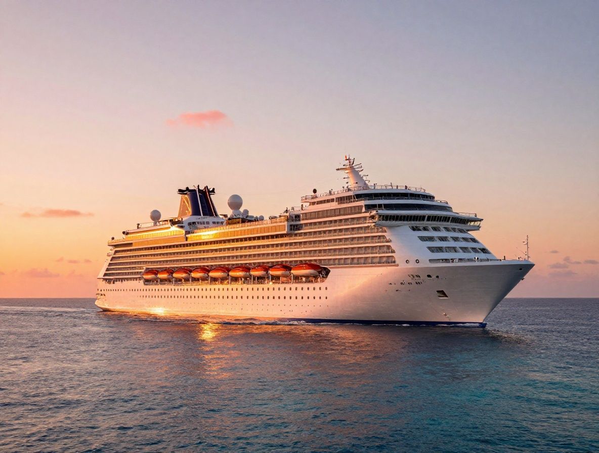 Massive luxury ocean cruise liner sailing through calm turquoise Caribbean waters at golden sunset with vibrant orange and pink sky reflecting on the sea