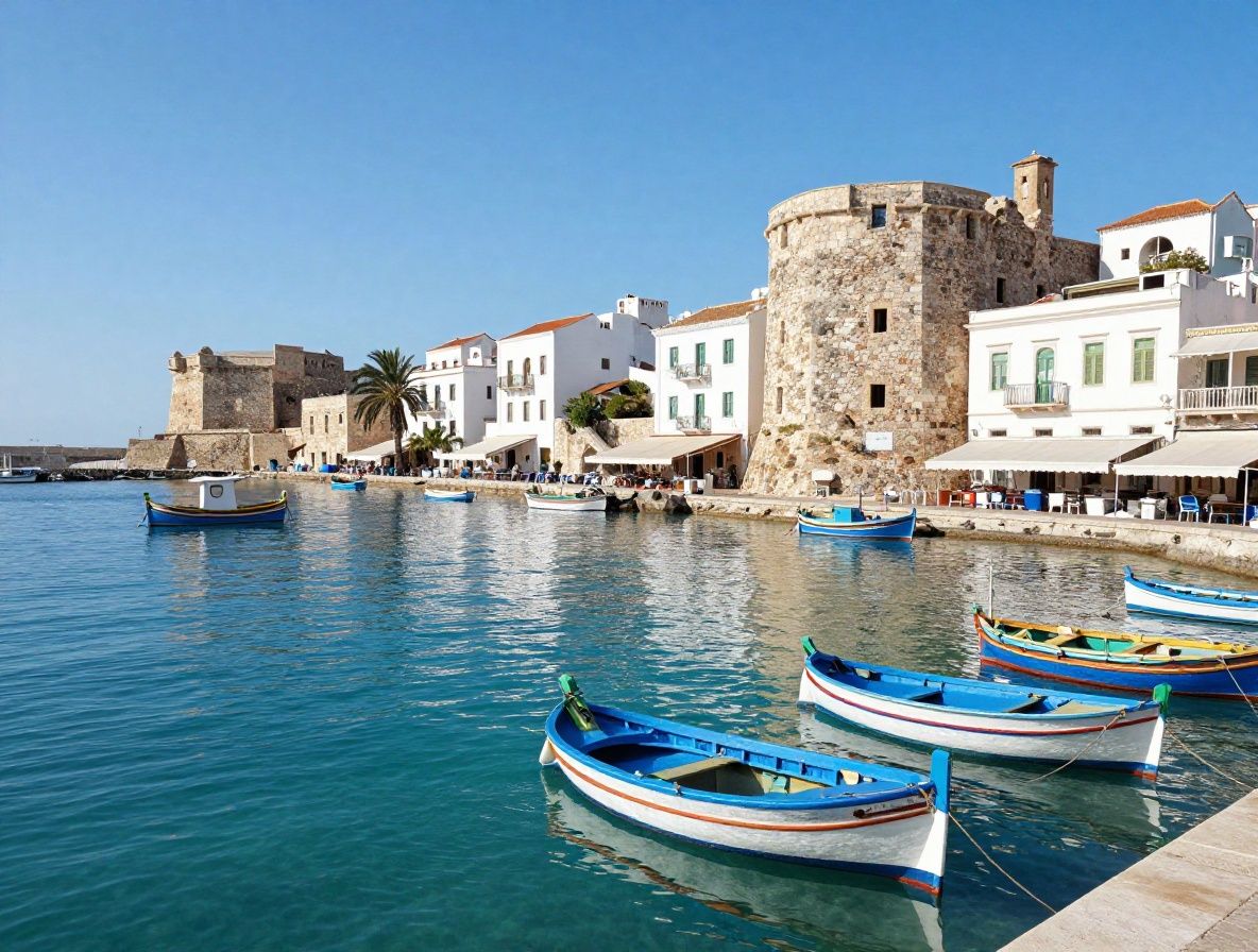 Colorful Mediterranean port town with ancient stone buildings, fishing boats in harbor, whitewashed walls, and brilliant blue Adriatic sea on a sunny day