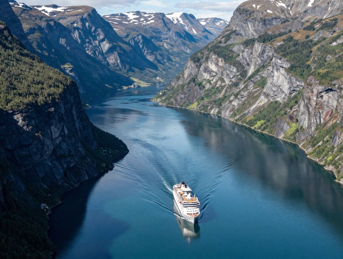 Dramatic Norwegian Geiranger fjord with steep rocky cliffs plunging into mirror-like dark green water and a small coastal village with red wooden buildings