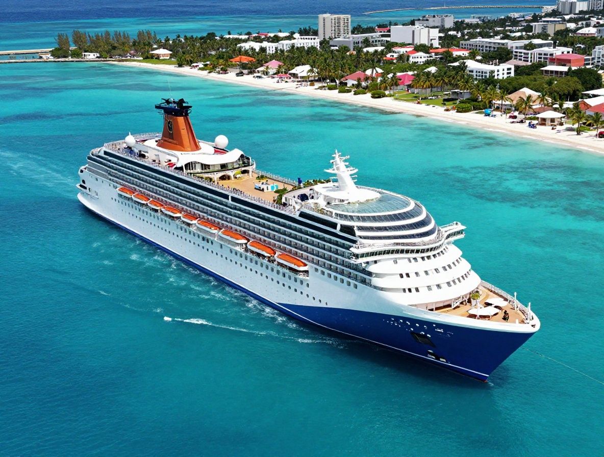 Aerial view of large cruise ship docked at a colorful Caribbean port with turquoise water, palm trees and white sandy beach nearby