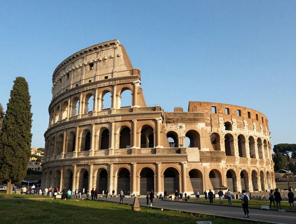 Ancient Roman Colosseum amphitheatre at golden hour with tourists walking along Via Sacra, clear blue sky and green cypress trees in background