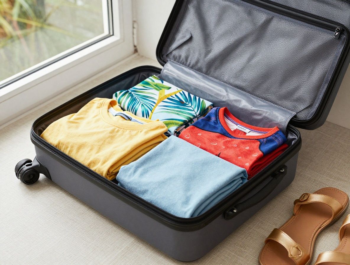 Open suitcase with neatly folded tropical cruise clothing and travel essentials on a light linen surface beside a porthole window