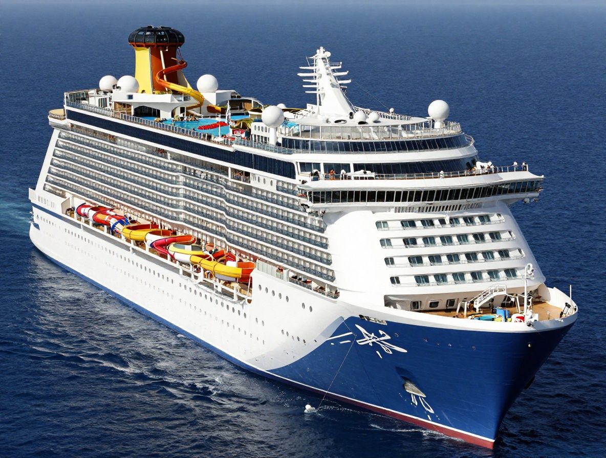 Icon of the Seas cruise ship, the world's largest cruise ship, showing its massive multi-deck hull with colorful waterslides, outdoor pools, and entertainment zones on the upper decks